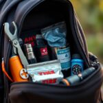 A Survival kit showing first aid and survival tools