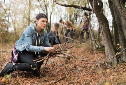 Women in the forest gathering wood for a fire